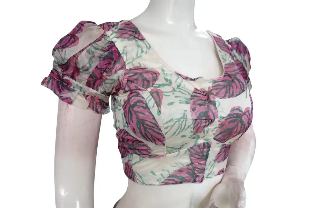 Pearl Elegance, Off-White Organza Fancy Frill Puff Sleeves Readymade Blouse for Sarees - D3blouses