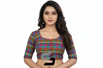 Front view of pink color 3/4th sleeve cotton checks readymade saree blouse with princess cut fit.