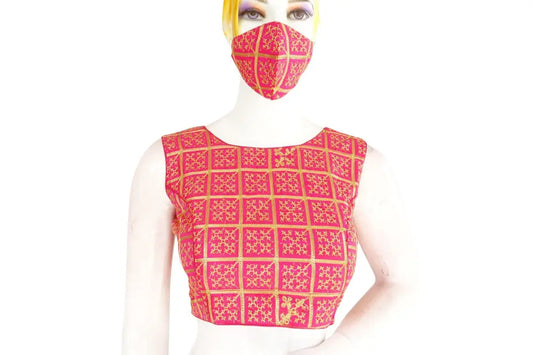 Pink Color Banaras Brocade Silk Readymade Blouse with Matching Mask - D3blouses