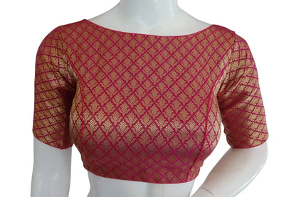 Pink Color Brocade Silk Designer Boat Neck Readymade saree blouse with Potli Button , Indian Silk saree Readymade blouse - D3blouses