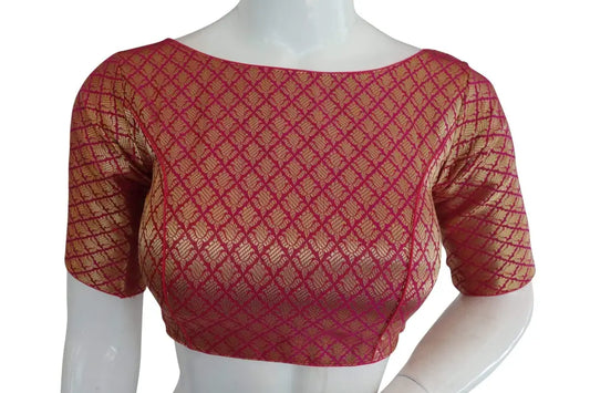 Pink Color Brocade Silk Designer Boat Neck Readymade saree blouse with Potli Button , Indian Silk saree Readymade blouse - D3blouses