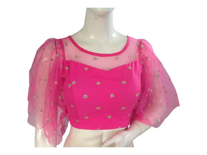 Pink Color Designer Netted Party Wear Readymade Saree Blouses. - D3blouses