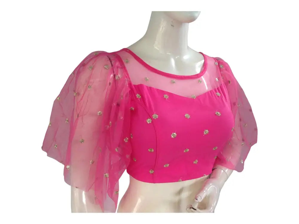 Pink Color Designer Netted Party Wear Readymade Saree Blouses. - D3blouses
