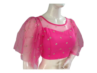 Pink Color Designer Netted Party Wear Readymade Saree Blouses. - D3blouses