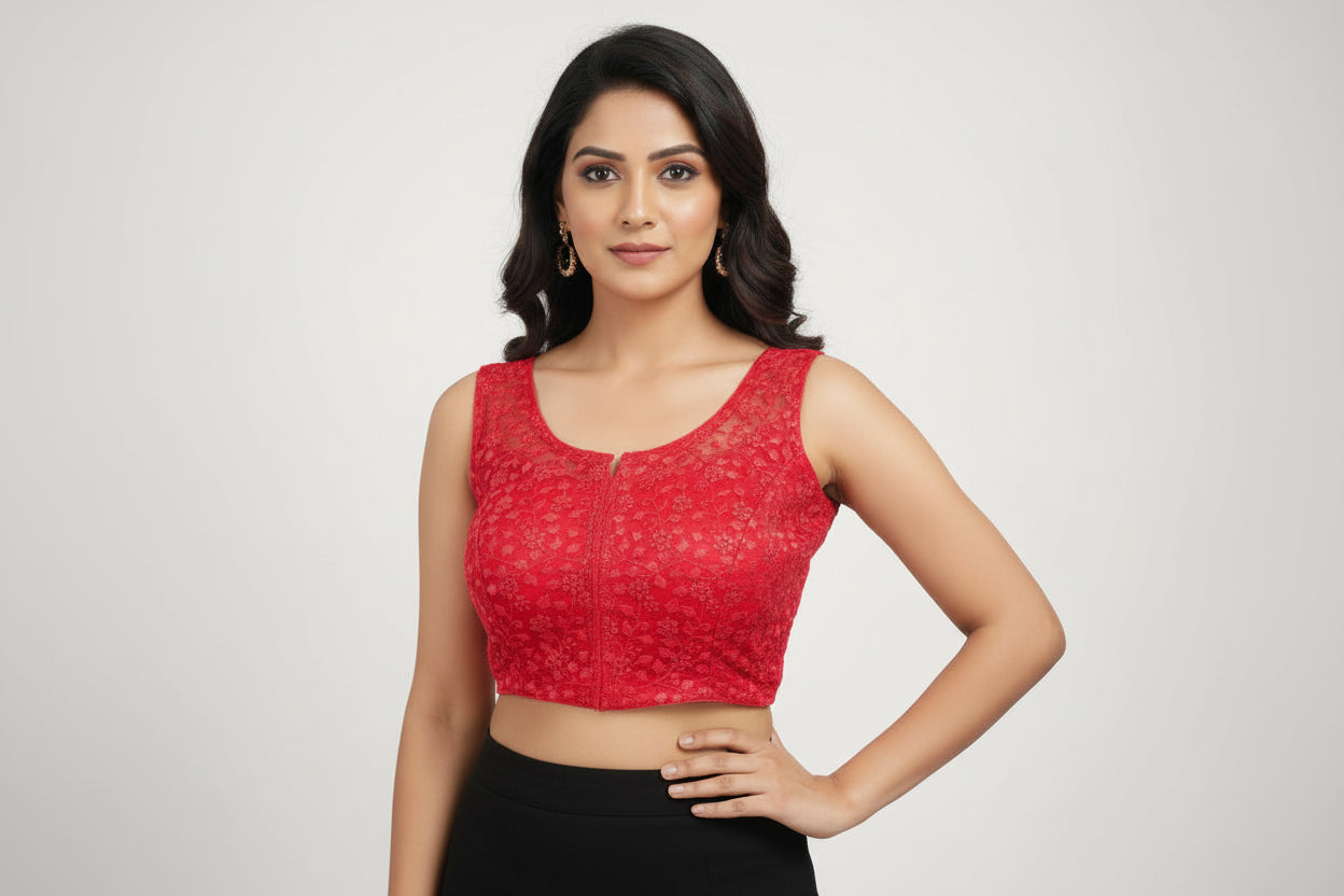 Pink netted embroidery readymade saree blouse with princess cut and deep neck design.