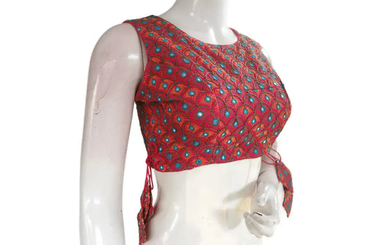 Pink Color Peacock Embroidery Foil Mirror Boat Neck Designer Readymade Matching Saree Blouse - D3blouses