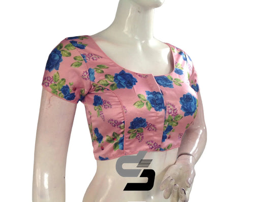 Pink Color Satin Printed Readymade saree Blouse With Short Sleeves and Matching Mask - D3blouses