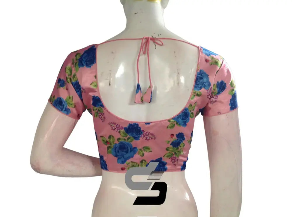 Pink Color Satin Printed Readymade saree Blouse With Short Sleeves and Matching Mask - D3blouses