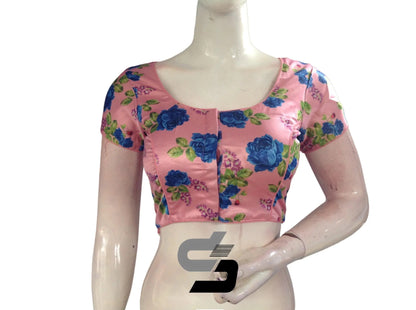 Pink Color Satin Printed Readymade saree Blouse With Short Sleeves and Matching Mask - D3blouses