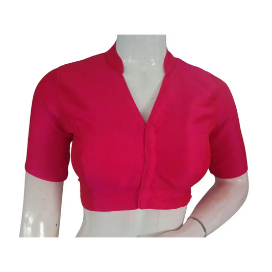 Pink Color Semi Raw Silk Saree Blouse – Collar Neck, Stitched & Ready to Wear with Cotton Lining - D3blouses