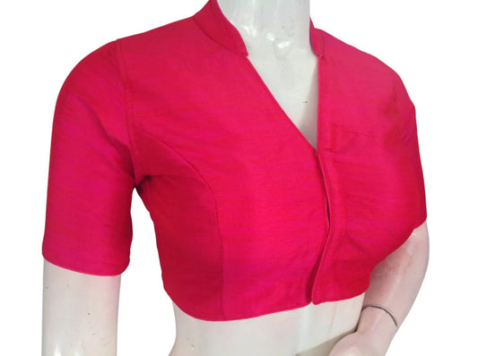 Pink Color Semi Raw Silk Saree Blouse – Collar Neck, Stitched & Ready to Wear with Cotton Lining - D3blouses