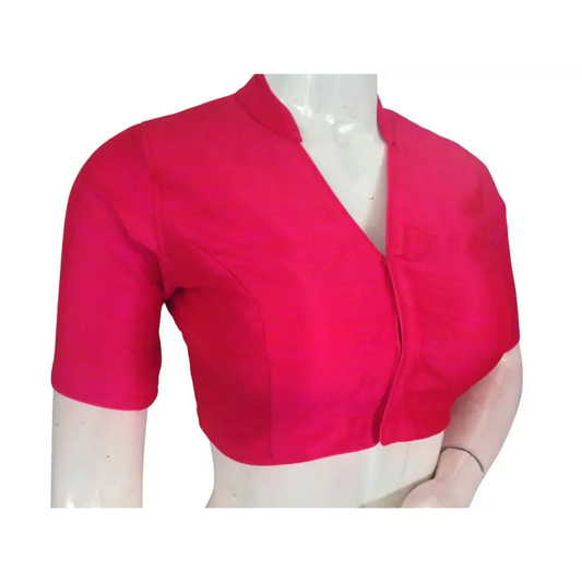 Pink Color Semi Raw Silk Saree Blouse – Collar Neck, Stitched & Ready to Wear with Cotton Lining - D3blouses