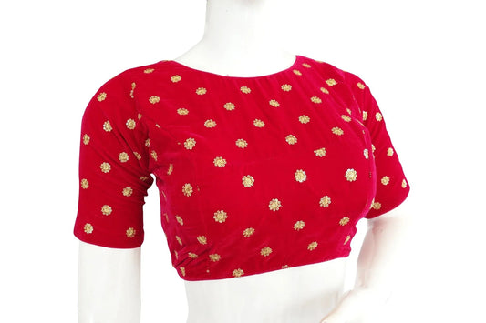 Pink Colour Designer velvet sequin embroidered readymade blouse with back open and boat neck / Velvet crop top/ Saree readymade blouse - D3blouses