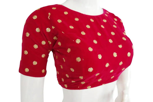 Pink Colour Designer velvet sequin embroidered readymade blouse with back open and boat neck / Velvet crop top/ Saree readymade blouse - D3blouses