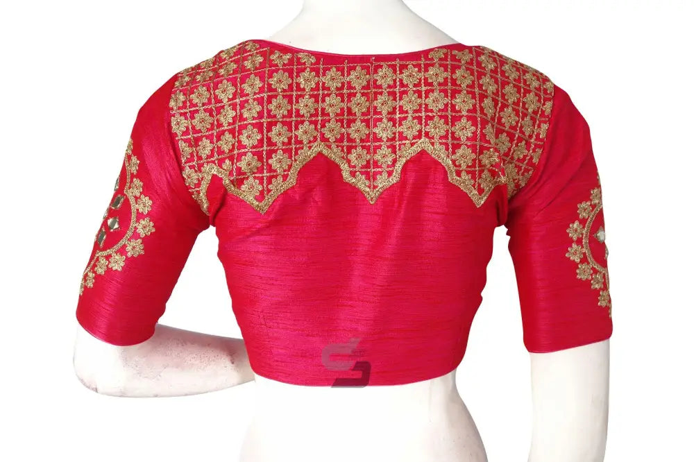 Pink Embroidered High Neck Saree Blouse - Designer Elegance - D3blouses