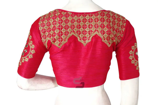 Pink Embroidered High Neck Saree Blouse - Designer Elegance - D3blouses