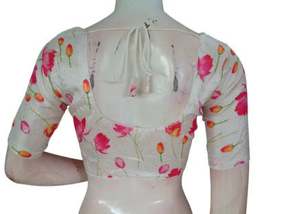Pink Floral Organza Readymade Saree Blouse - Rose Print (Princess Cut Padded) Readymade Blouse