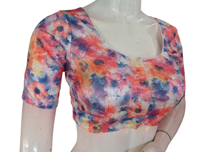 Pink Floral Organza Readymade Saree Blouse - Rose Print (Princess Cut Padded) Readymade Blouse - Floral Design 2 / 34