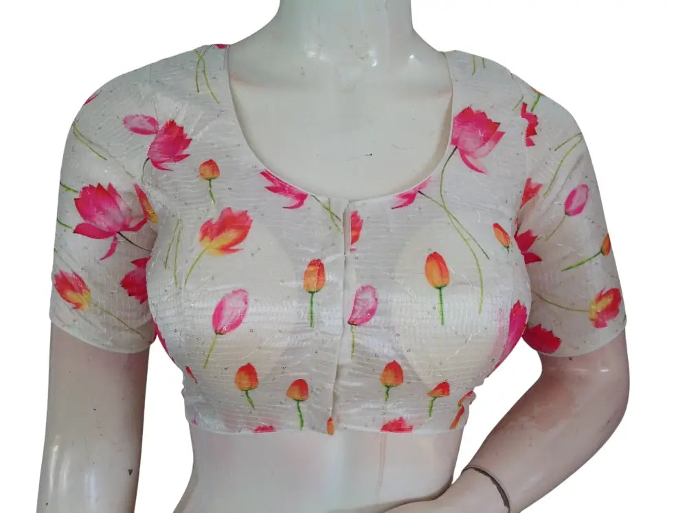 Pink Floral Organza Readymade Saree Blouse - Rose Print (Princess Cut Padded) Readymade Blouse - Floral Design 7 / 34