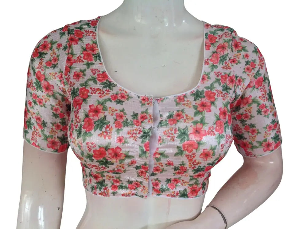 Pink Floral Organza Readymade Saree Blouse - Rose Print (Princess Cut Padded) Readymade Blouse - Floral Design 4 / 34