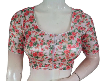 Pink Floral Organza Readymade Saree Blouse - Rose Print (Princess Cut Padded) Readymade Blouse - Floral Design 4 / 34
