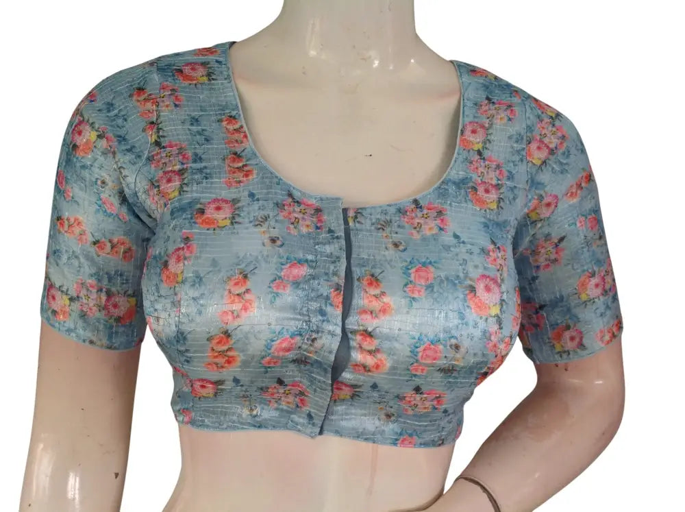 Pink Floral Organza Readymade Saree Blouse - Rose Print (Princess Cut Padded) Readymade Blouse - Floral Design 5 / 34