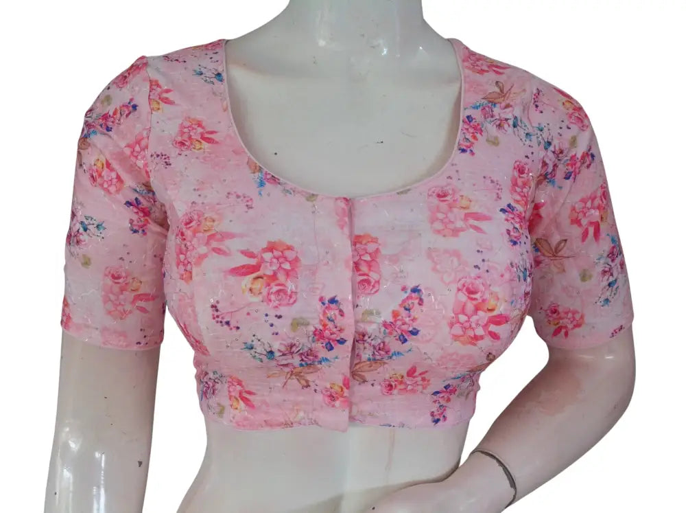Pink Floral Organza Readymade Saree Blouse - Rose Print (Princess Cut Padded) Readymade Blouse