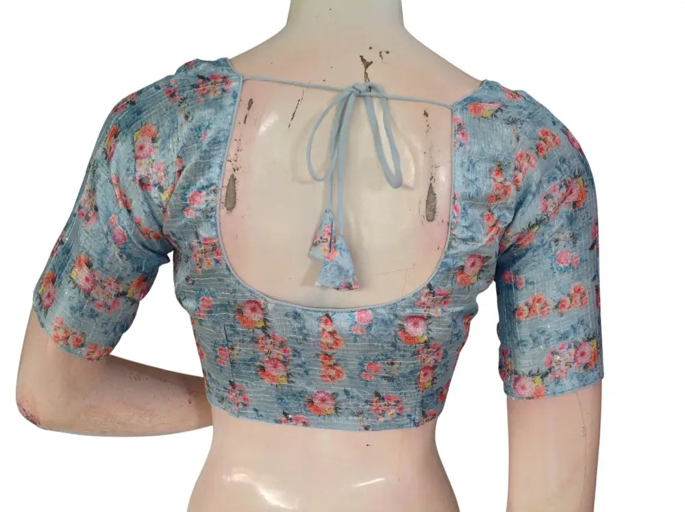 Pink Floral Organza Readymade Saree Blouse - Rose Print (Princess Cut Padded) Readymade Blouse