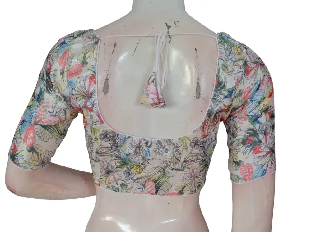 Pink Floral Organza Readymade Saree Blouse - Rose Print (Princess Cut Padded) Readymade Blouse