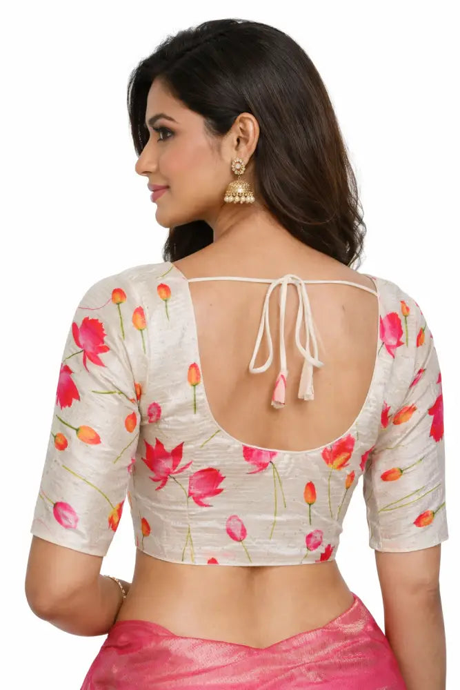 Pink Floral Organza Readymade Saree Blouse - Rose Print (Princess Cut Padded) Readymade Blouse