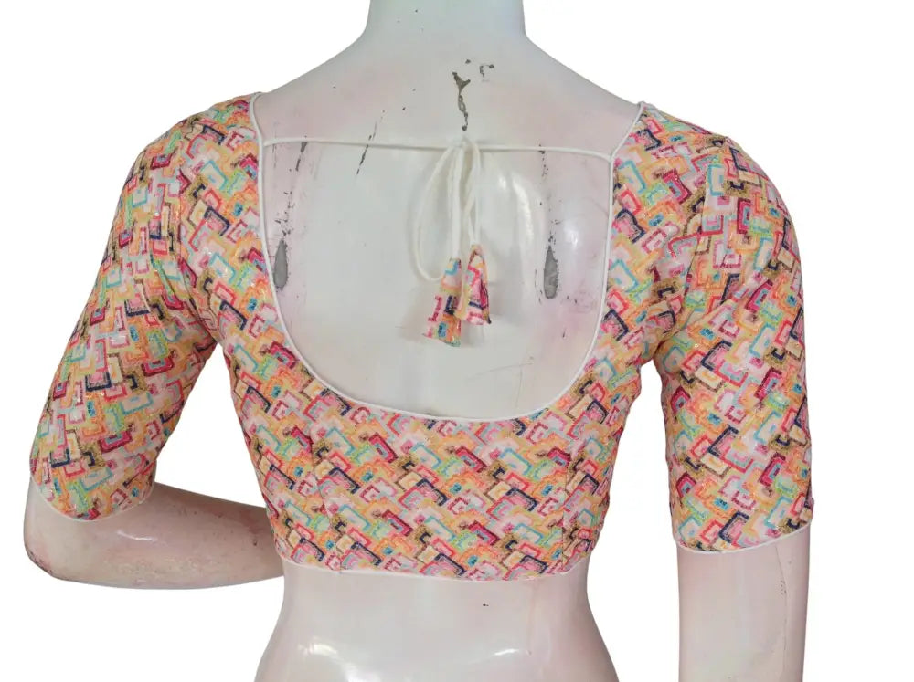 Pink Floral Organza Readymade Saree Blouse - Rose Print (Princess Cut Padded) Readymade Blouse