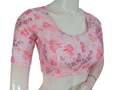 Pink Floral Organza Readymade Saree Blouse - Rose Print (Princess Cut Padded) Readymade Blouse - Floral Design 3 / 34