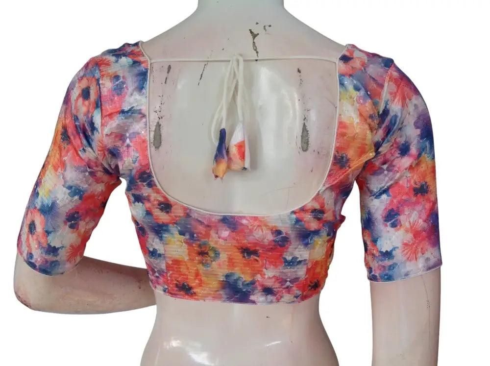 Pink Floral Organza Readymade Saree Blouse - Rose Print (Princess Cut Padded) Readymade Blouse