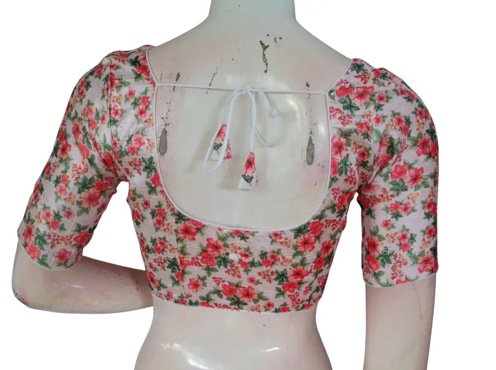Pink Floral Organza Readymade Saree Blouse - Rose Print (Princess Cut Padded) Readymade Blouse