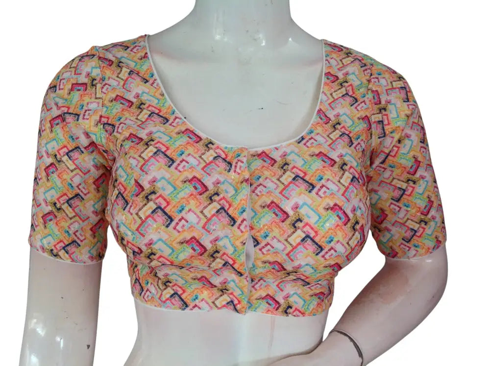 Pink Floral Organza Readymade Saree Blouse - Rose Print (Princess Cut Padded) Readymade Blouse - Floral Design 6 / 34