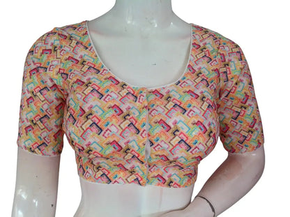 Pink Floral Organza Readymade Saree Blouse - Rose Print (Princess Cut Padded) Readymade Blouse - Floral Design 6 / 34