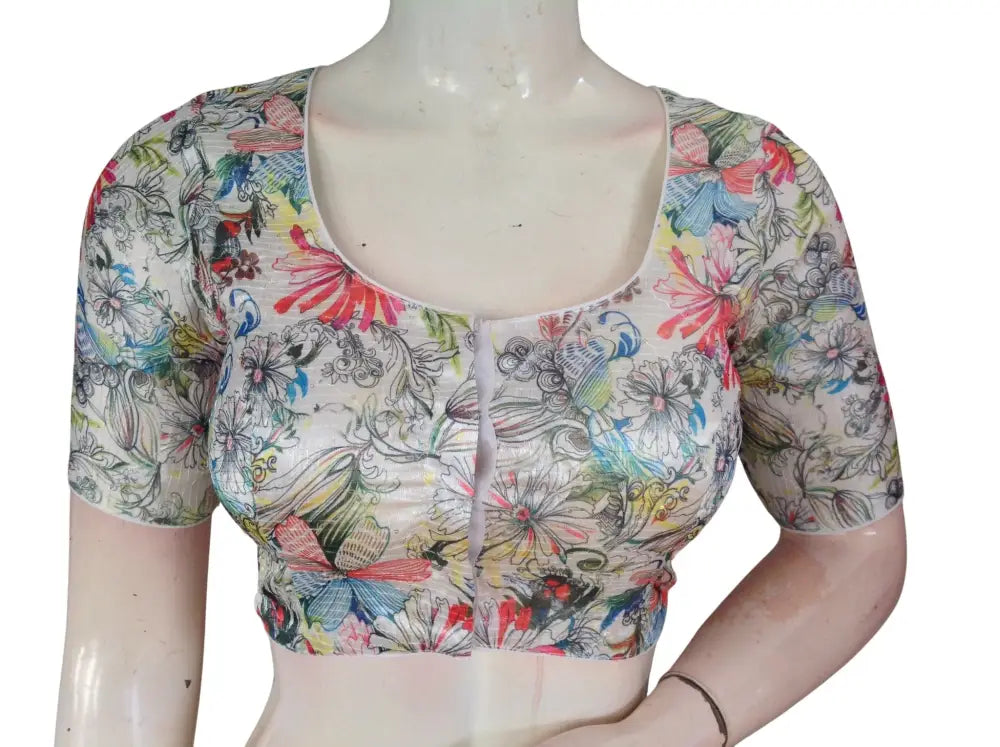 Pink Floral Organza Readymade Saree Blouse - Rose Print (Princess Cut Padded) Readymade Blouse - Floral Design 1 / 34