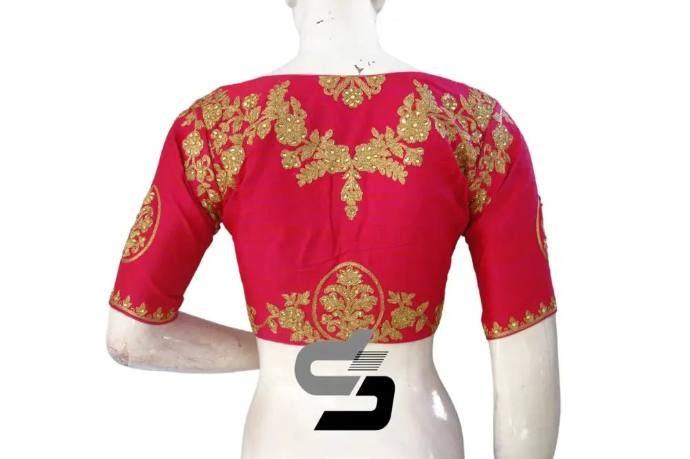 Pink High Neck Designer Embroidered Saree Blouses: Vibrant Burst - D3blouses