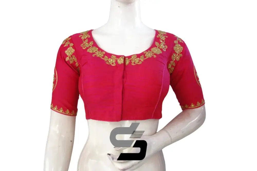 Pink High Neck Designer Embroidered Saree Blouses: Vibrant Burst - D3blouses