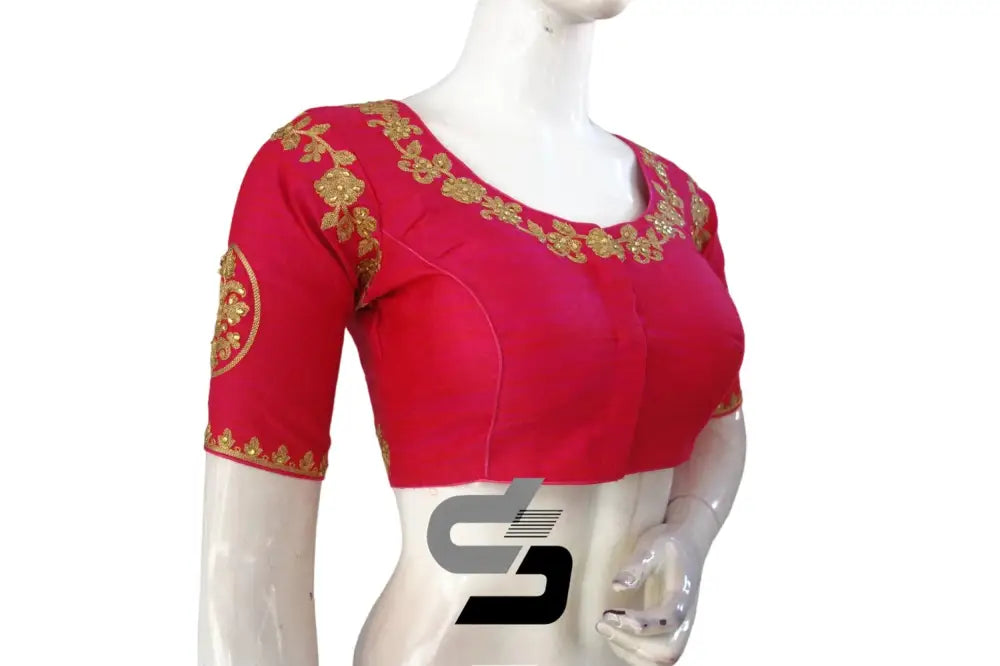 Pink High Neck Designer Embroidered Saree Blouses: Vibrant Burst - D3blouses
