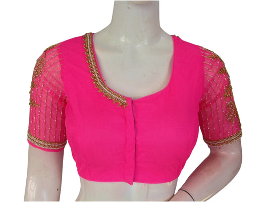 Pink Paradise: Designer Netted Aari Handwork Indian Saree Blouse - D3blouses