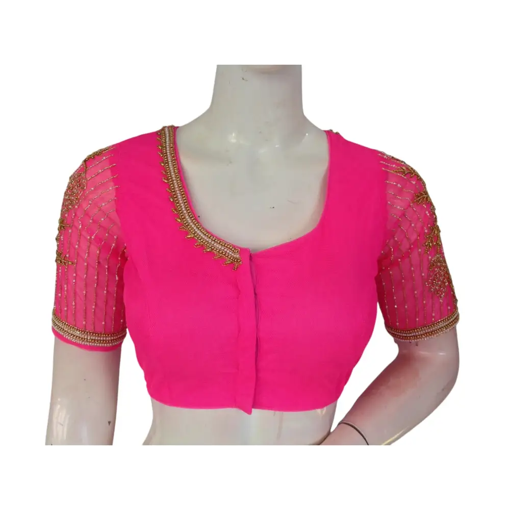 Pink Paradise: Designer Netted Aari Handwork Indian Saree Blouse - D3blouses