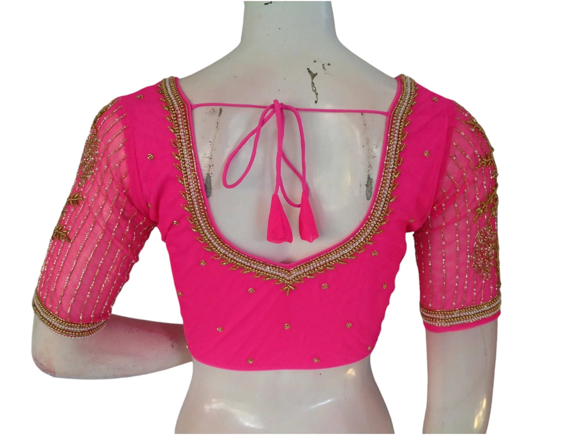 Pink Paradise: Designer Netted Aari Handwork Indian Saree Blouse - D3blouses
