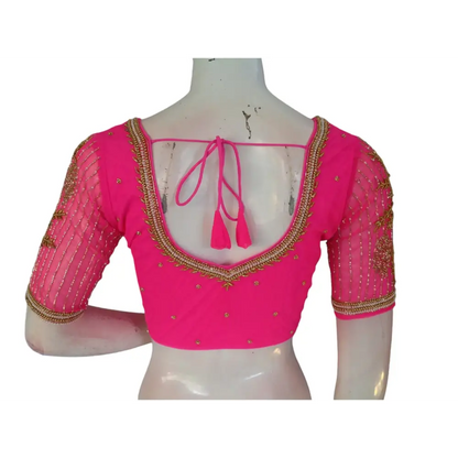 Pink Paradise: Designer Netted Aari Handwork Indian Saree Blouse - D3blouses