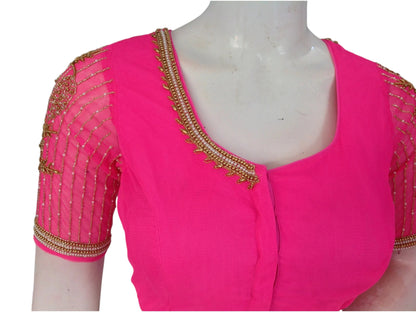 Pink Paradise: Designer Netted Aari Handwork Indian Saree Blouse - D3blouses