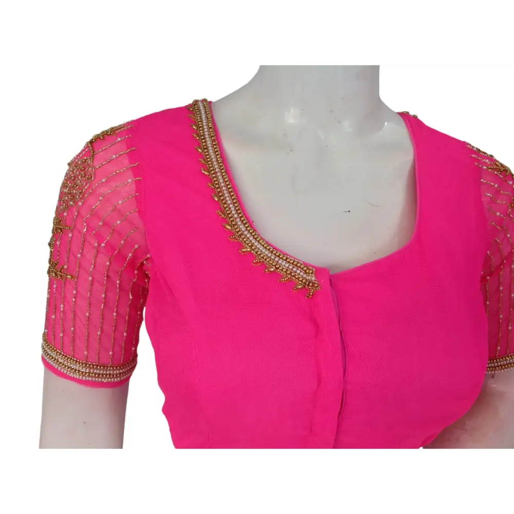 Pink Paradise: Designer Netted Aari Handwork Indian Saree Blouse - D3blouses