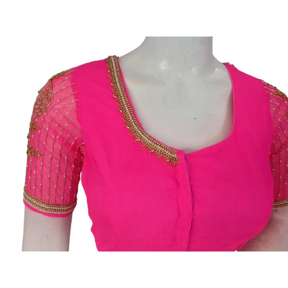 Pink Paradise: Designer Netted Aari Handwork Indian Saree Blouse - D3blouses