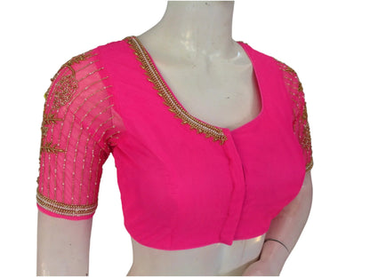 Pink Paradise: Designer Netted Aari Handwork Indian Saree Blouse - D3blouses