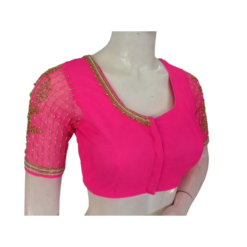 Pink Paradise: Designer Netted Aari Handwork Indian Saree Blouse - D3blouses
