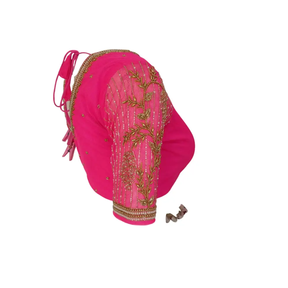 Pink Paradise: Designer Netted Aari Handwork Indian Saree Blouse - D3blouses